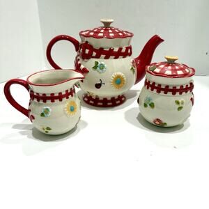 Temptations GINGHAM GARDEN Ladybug Flowers Red STONEWARE Teapot Creamer & Sugar